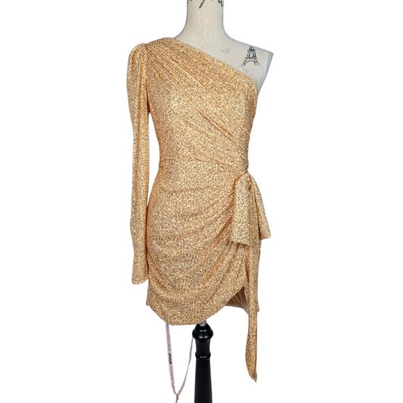 IEENA for Mac Duggal Gold Sequin One Shoulder Ruched Mini Dress Size 8 - Picture 2 of 16